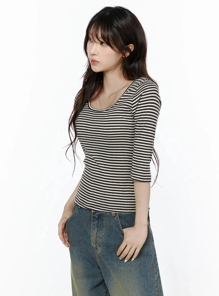Striped 3/4 Long Sleeve Top IL506 Dark brown side shot on model looking away, body-con stripe knit fit visible from side angle, paired with wide-leg jeans