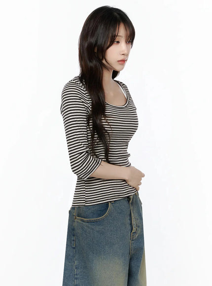 Striped 3/4 Long Sleeve Top IL506 Dark brown side profile shot on model arms crossed at waist, U-neckline and fitted 3/4 sleeve silhouette, styled with wide-leg denim