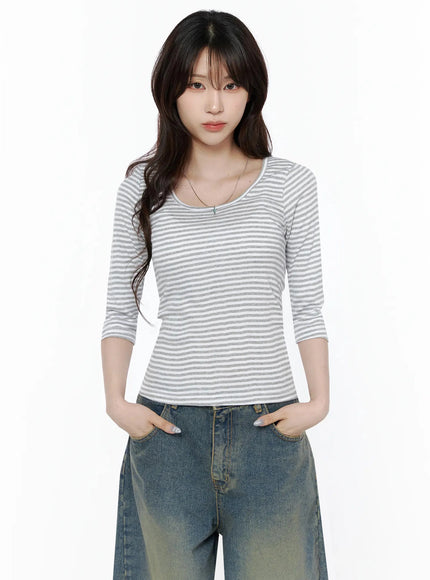 Striped 3/4 Long Sleeve Top IL506 in Gray, size S/M