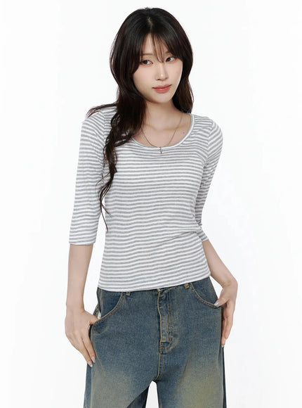Striped 3/4 Long Sleeve Top IL506 gray front shot on model, U-neckline with subtle stripe knit texture, styled with wide-leg jeans and delicate chain necklace