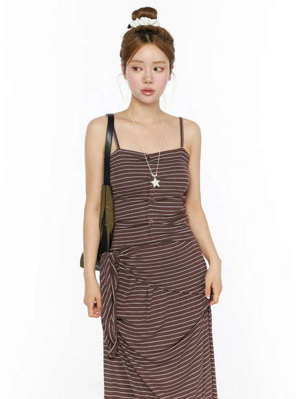 LEWKIN Striped Button Cami Top CL502 Brown S/M front crop shot on model with bun updo, star necklace, black bag, ribbed stripe texture