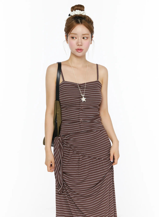 LEWKIN Striped Button Cami Top CL502 Brown S/M front crop shot on model with bun updo, star necklace, black bag, ribbed stripe texture