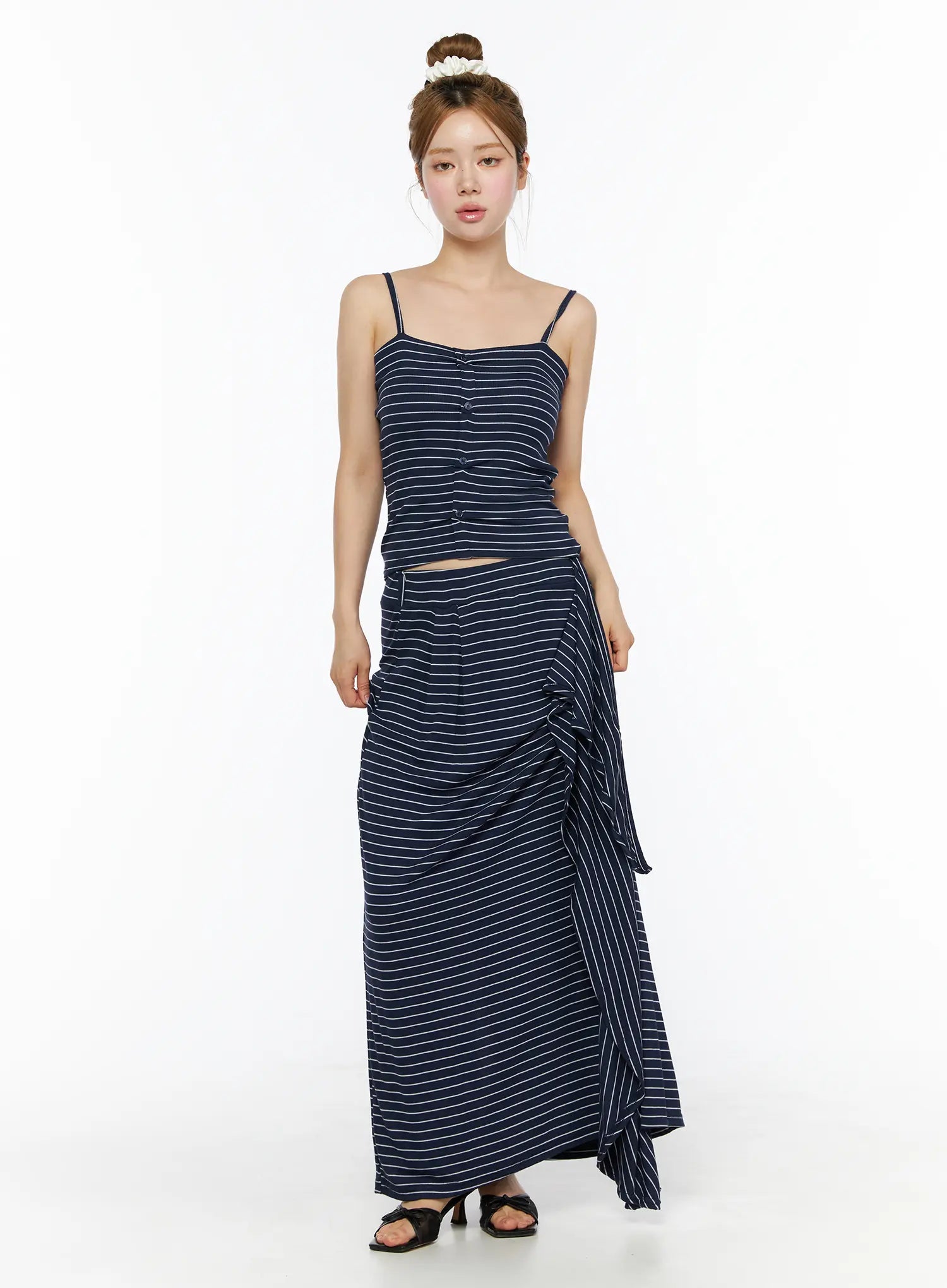 Striped Button Cami Top CL502 Navy full-length front shot on model wearing matching striped maxi skirt set with side tie detail