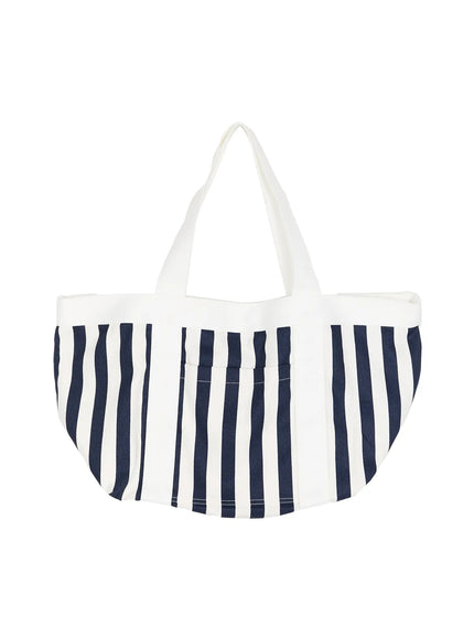 Striped Canvas Tote Bag IL514 Dark blue flat hanger shot, front view of oversized semicircular navy and white stripe canvas tote bag with white handles on white background