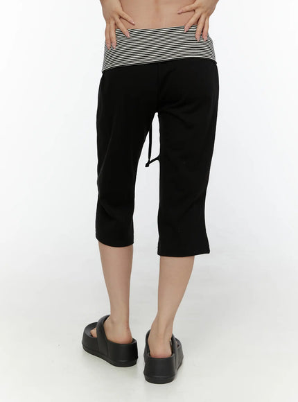 Striped Capri Pants CL508 Black back shot on model showing smooth black fabric striped waistband and drawstring detail with platform sandals