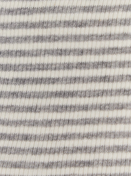 Striped Capri Pants CL508 Black close-up fabric texture of ribbed knit striped waistband in charcoal grey and cream stripe pattern