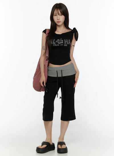 LEWKIN Striped Capri Pants CL508 Black front full-body shot on model styled with crop top and pink tote bag wearing platform sandals