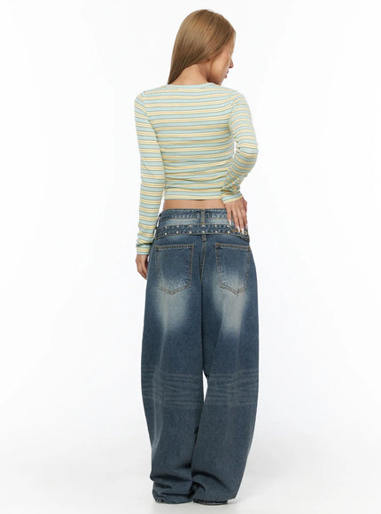 Striped Cardigan and Tube Top Set CU523 Mint back shot on model showing striped ribbed back and cropped silhouette paired with wide-leg denim