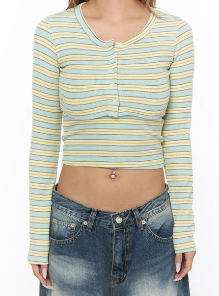Striped Cardigan and Tube Top Set CU523 Mint close-up front shot showing ribbed henley button detail mint and yellow stripe texture cropped hem