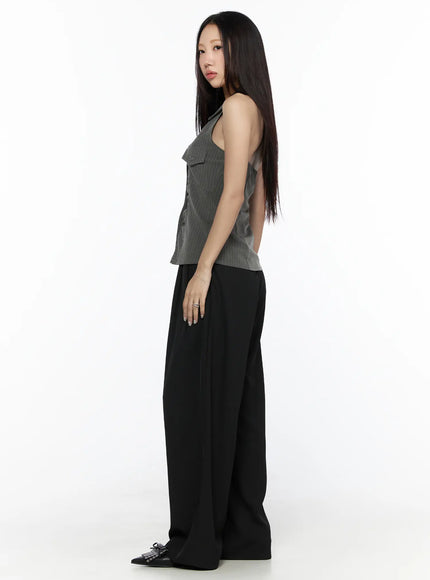 Striped Collar Halter Blouse CL524 dark gray side view on model facing right showing open back halter design with black wide-leg trousers