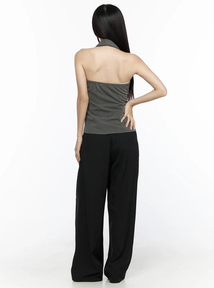Striped Collar Halter Blouse CL524 dark gray back view on model showing open halter back with elastic band waist and pinstripe fabric with black trousers