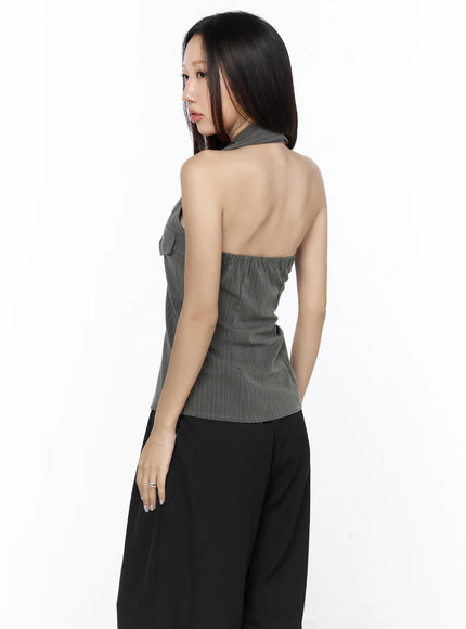 Striped Collar Halter Blouse CL524 dark gray three-quarter back view on model over-the-shoulder glance showing halter collar and open back with black bag