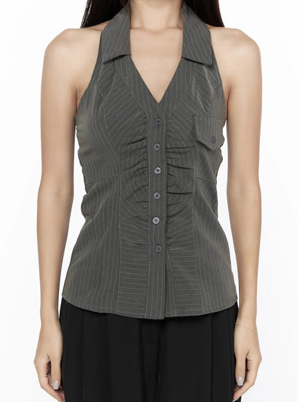 Striped Collar Halter Blouse CL524 dark gray close-up back view on model showing open halter back halter collar and elasticated back band with pinstripe texture