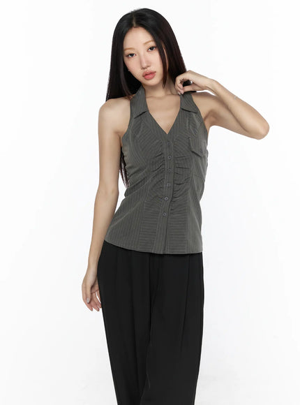 Striped Collar Halter Blouse CL524 dark gray front view on model with slight tilt showing pinstripe halter collar ruched bodice button placket and fitted waist