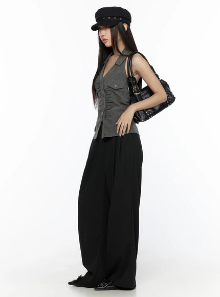 Striped Collar Halter Blouse CL524 dark gray close-up front view on model showing pinstripe fabric ruched center button placket and flap chest pocket detail