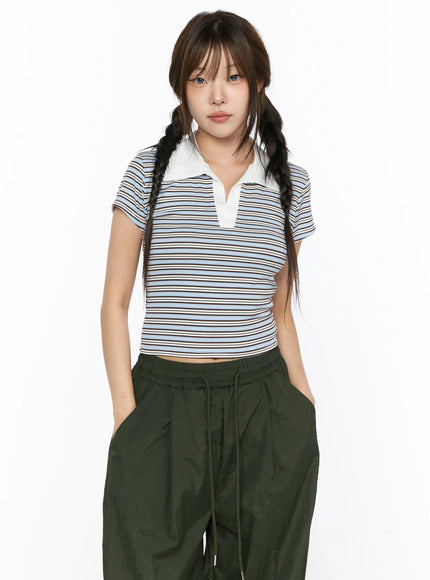 Striped Collared Crop Top Tee CL514 in Light blue, size S/M