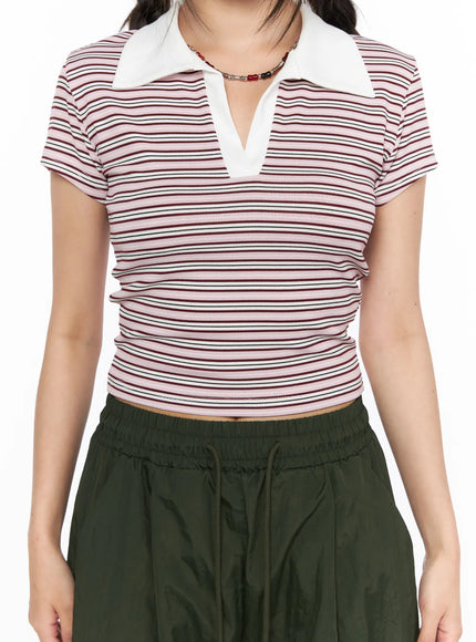 Striped Collared Crop Top Tee CL514 Pink close-up front shot on model showing white contrast collar, V-neck opening, and horizontal multicolor stripe rib knit texture