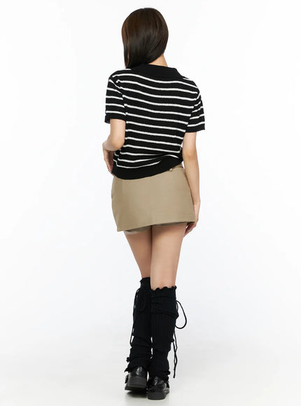 Striped Collared Knit Short Sleeve Top CL514 Black back shot on model showing rear view of black and white stripe knit top with ribbed hem