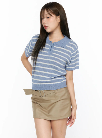 Striped Collared Knit Short Sleeve Top CL514 in Blue, size S/M