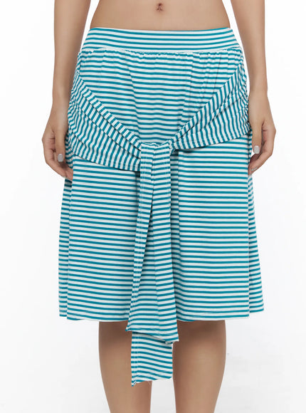 Striped Front-Tie Midi Skirt CL513 Blue front on model cropped at waist showing gathered ruched front tie knot detail and teal white stripe texture