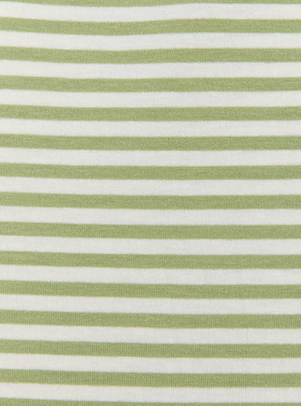 Striped Front-Tie Midi Skirt CL513 Green close-up fabric detail showing sage green and white horizontal stripe soft knit cotton jersey texture