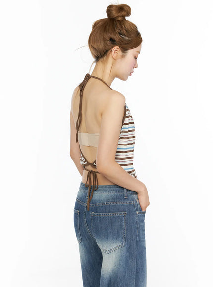 Striped Halter Tank Top CL502 Brown three-quarter back side shot on model showing open back, brown tie closure, cropped knit fabric with multi-stripe pattern