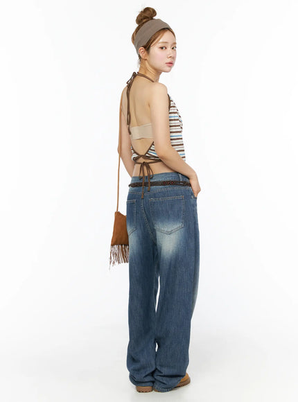 Striped Halter Tank Top CL502 Brown three-quarter back side shot on model with headband showing open back tie detail, brown straps, fringe bag accessory