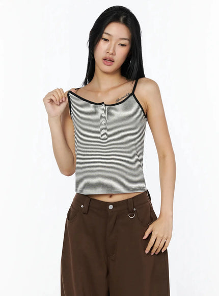 Striped Henley Tank Top IL509 Black-White front close-up on model showing scoop neckline, button placket, and fine horizontal stripe knit texture