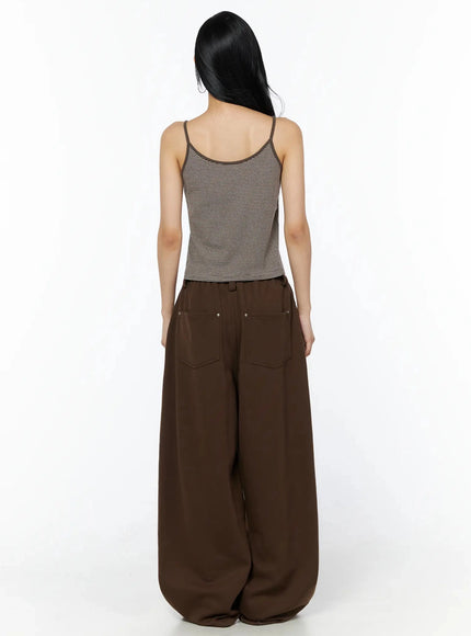 Striped Henley Tank Top IL509 Brown full-length back model shot revealing scoop back neckline, thin straps, and back patch pockets on trousers