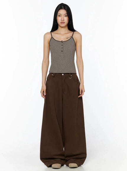 Striped Henley Tank Top IL509 Brown full-length front model shot, standing straight, paired with wide-leg brown trousers, showing cropped length
