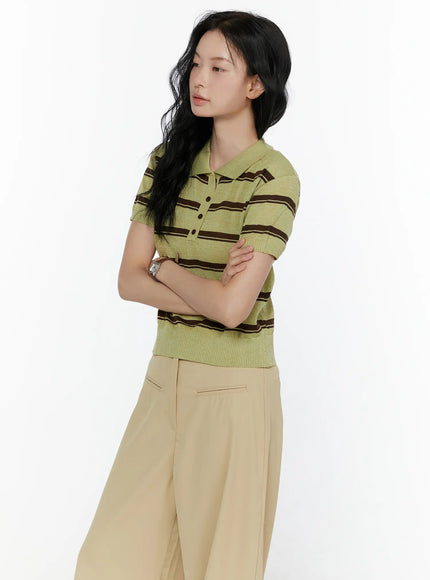 Striped Knit Polo Top CL520 in Dark green, size S/M