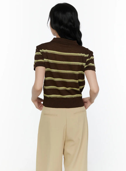 Striped Knit Polo Top CL520 Dark brown back shot on model hands on hips showing horizontal yellow-green stripe pattern ribbed hem and short sleeve knit polo construction