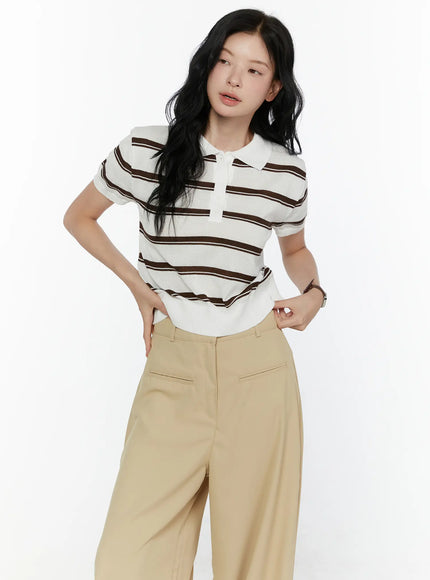 Striped Knit Polo Top CL520 in White, size S/M
