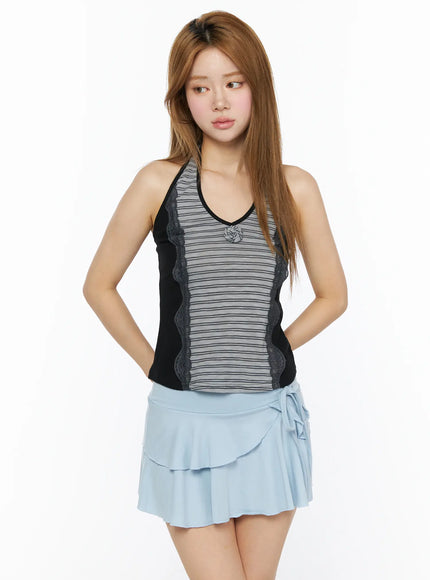 Striped Lace Trim Tank Top CL501 in Black, size S/M