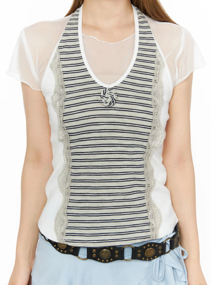 Striped Lace Trim Tank Top CL501 Beige close-up front detail shot on model showing navy stripe knit texture lace trim edges and knotted rosette chest embellishment over sheer white tee
