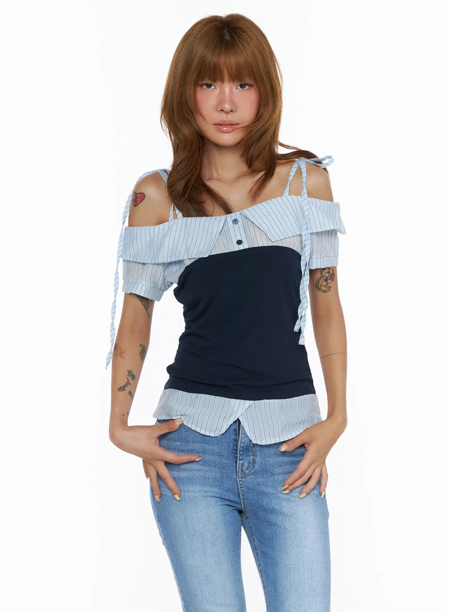 Striped Off-Shoulder Blouse CL503 in Blue, size S/M