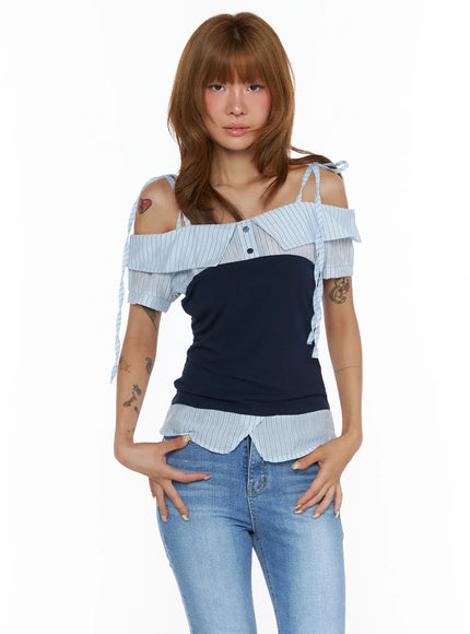 Striped Off-Shoulder Blouse CL503 in Blue, size S/M