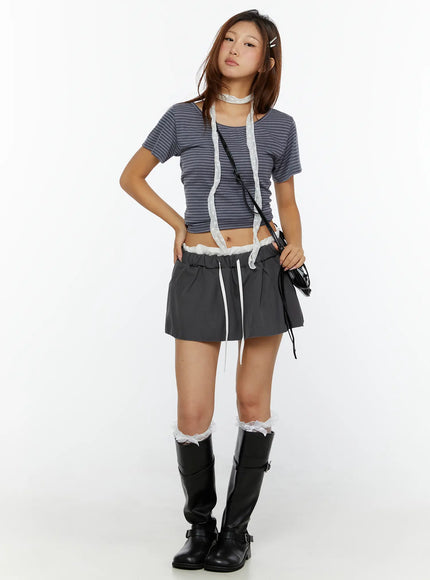 Striped Off-Shoulder Top CL515 dark blue front model shot full-length lace choker crossbody bag styling cropped silhouette with gray mini skirt