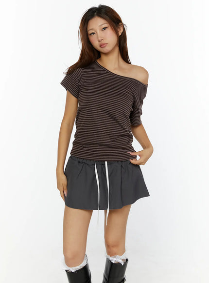 Striped Off-Shoulder Top CL515 in Brown, size S/M