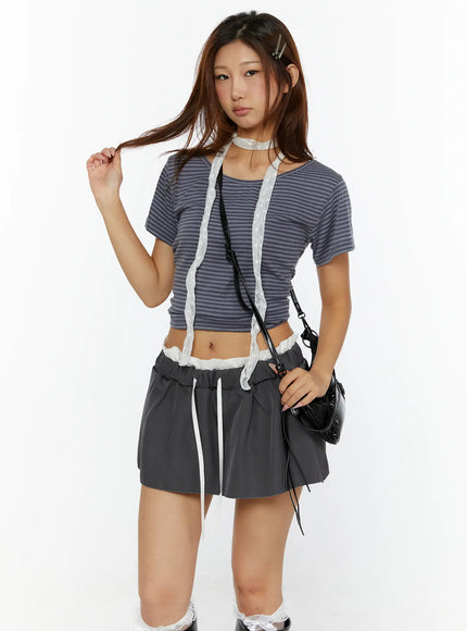 LEWKIN Striped Off-Shoulder Top CL515 Dark blue front model shot cropped fit with lace trim styling black crossbody bag hair clips S/M
