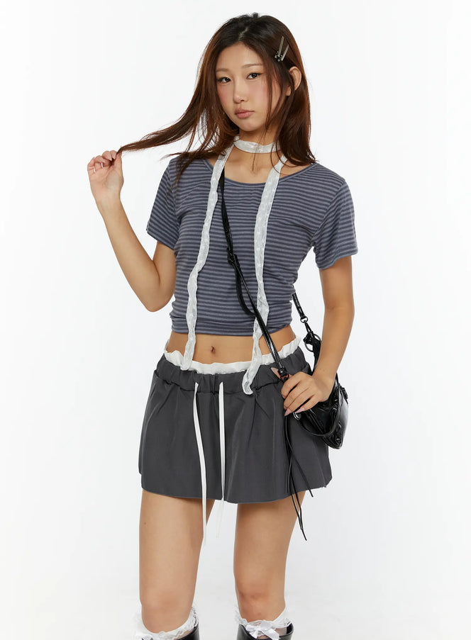 LEWKIN Striped Off-Shoulder Top CL515 Dark blue front model shot cropped fit with lace trim styling black crossbody bag hair clips S/M