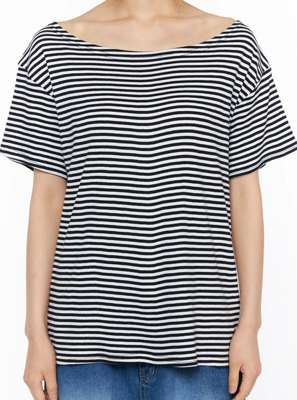Striped Off-Shoulder Top CU530 Black detail close-up on model showing neckline and off-shoulder drape, black and white horizontal stripe ribbed texture