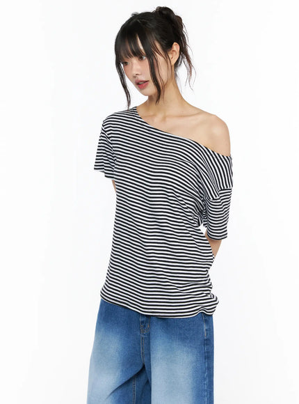 Striped Off-Shoulder Top CU530 Black side-front shot on model showing off-shoulder neckline detail and flutter sleeve, black and white stripe knit top
