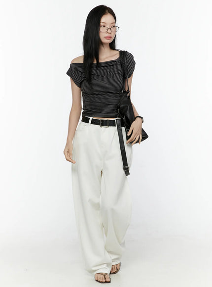 Striped Off-Shoulder Top IL506 Dark gray full-length styled model shot with glasses, black belt, and shoulder bag in casual streetwear look