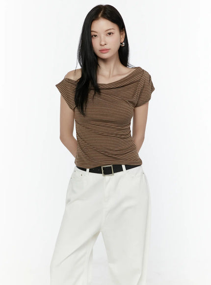 Striped Off-Shoulder Top IL506 in Brown, size S/M