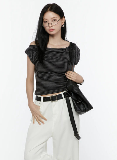LEWKIN Striped Off-Shoulder Top IL506 Dark gray front model shot styled with white wide-leg pants and black bag, ruched knit fabric S/M