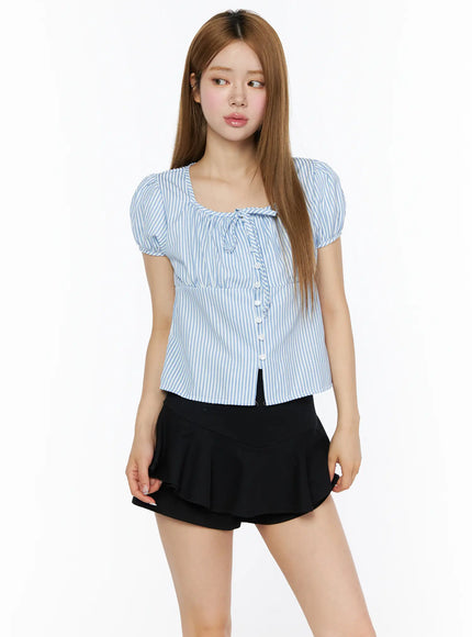 Striped Puff Short Sleeve Blouse CL502 in Light blue, size S/M