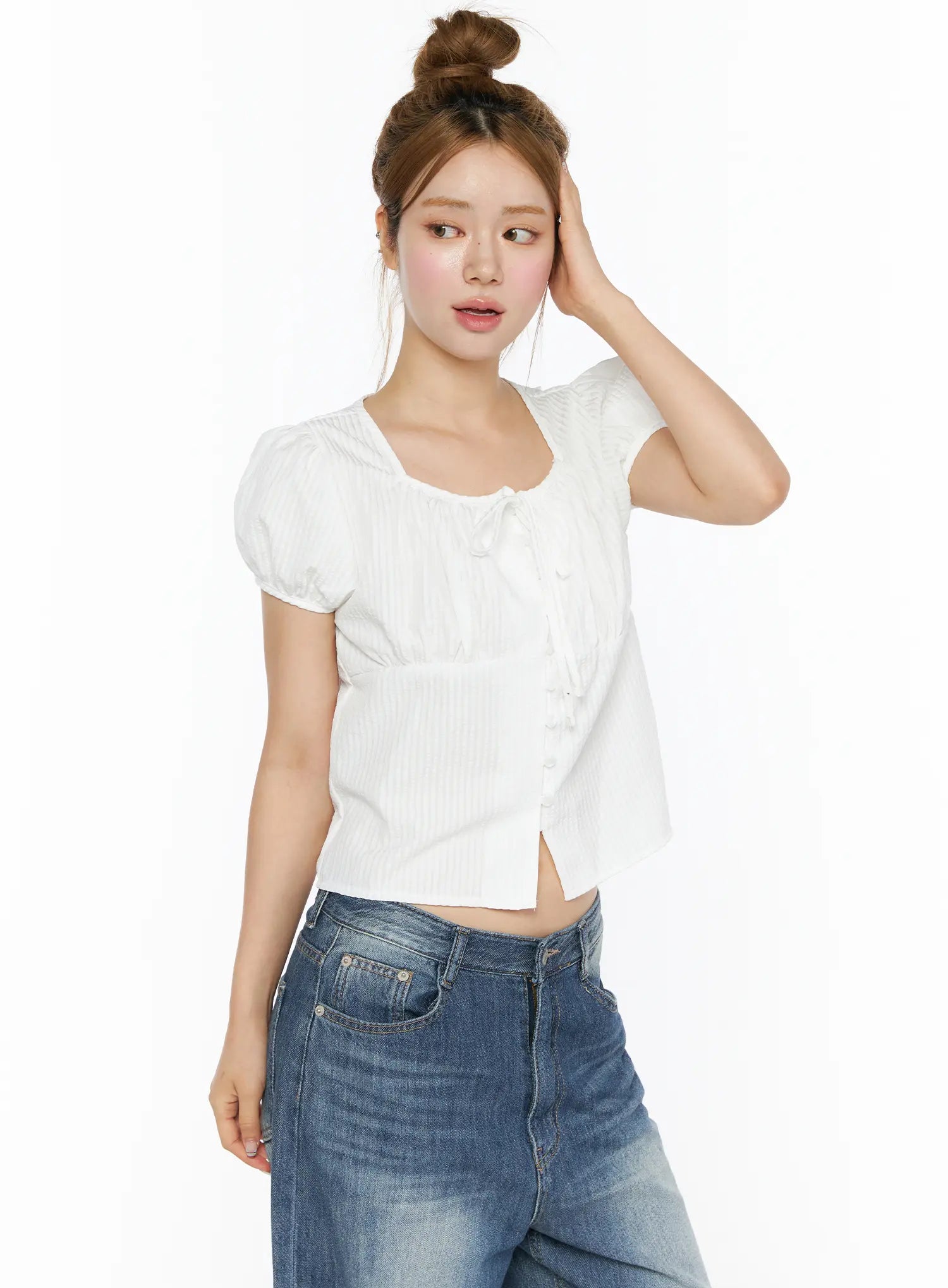 Striped Puff Short Sleeve Blouse CL502 in White, size S/M