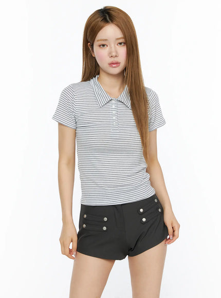 Striped Slim Fit Polo Shirt CL502 White front model shot, slim-fit striped polo with spread collar and button placket, styled with black silver-button mini shorts