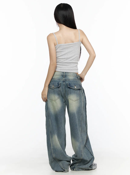 Striped Square Neck Cami CL524 light gray back view on model revealing open back spaghetti strap construction and horizontal stripe ribbed fabric
